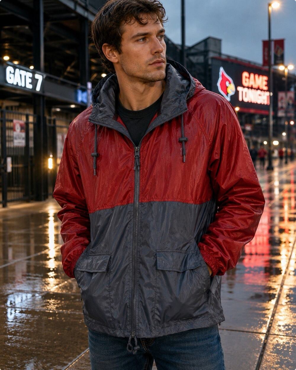 Rainfair Newport Mens Large Red Gray Hooded Vintage Raincoat